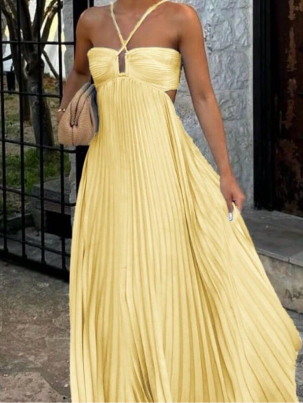 Yellow Casual Women's Spaghetti Strap Flowing Pleated Maxi Dress - Picture 3 of 3